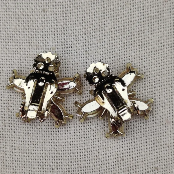 Vintage pat pend mother of pearl crystal flower earrings - Picture 5 of 6